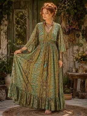 Boutique Boho Bell Sleeve Maxi Dress in Teal Paisley